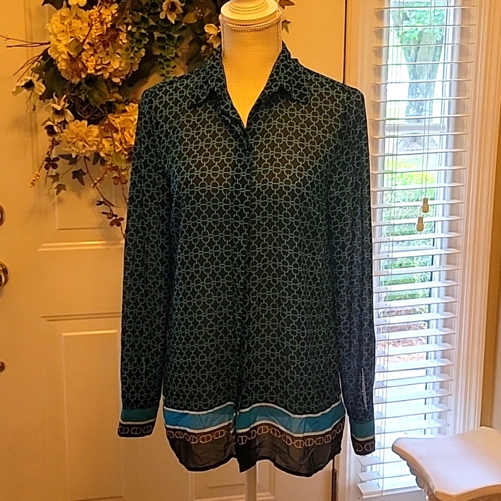 Michael Michael Kors black aqua geometric semi sheer button long slv top…M EUC